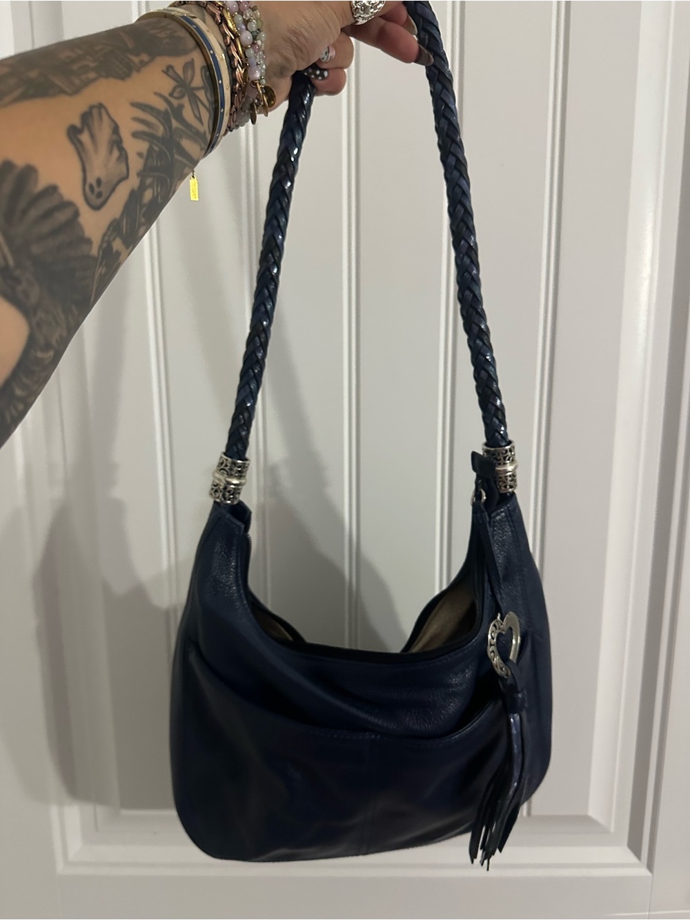 Brighton Navy Braided-Handle Leather Hobo with Heart Charm - Picture 8 of 8